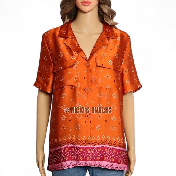 DR2 Satin Button Down Shirt Geometric Boho Vacation Resortwear Orange Pink Sze L - Picture 2 of 9